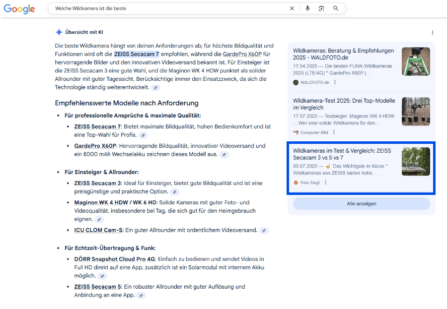 Google AI Overview zur Suche „Welche Wildkamera ist die beste“ mit Modellübersicht und sichtbarer Quelle von Foto Siegl im Empfehlungsbereich