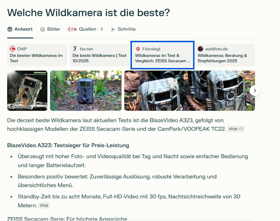 Screenshot einer KI-Antwortplattform mit dem Titel „Welche Wildkamera ist die beste?“. Die Seite zeigt mehrere empfohlene Modelle mit Testbewertungen und Detailbeschreibungen. Zu sehen sind Produktbilder mehrerer getarnter Wildkameras im Outdoor-Einsatz und Quellen wie CHIP, Foto Siegl und waldfoto.de.