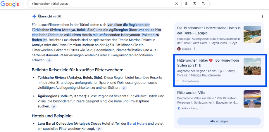 Google AI Overview zur Suche „Flitterwochen Türkei Luxus“ mit Reiseempfehlungen und hervorgehobener Quelle für Honeymoon-Angebote im rechten Bereich
