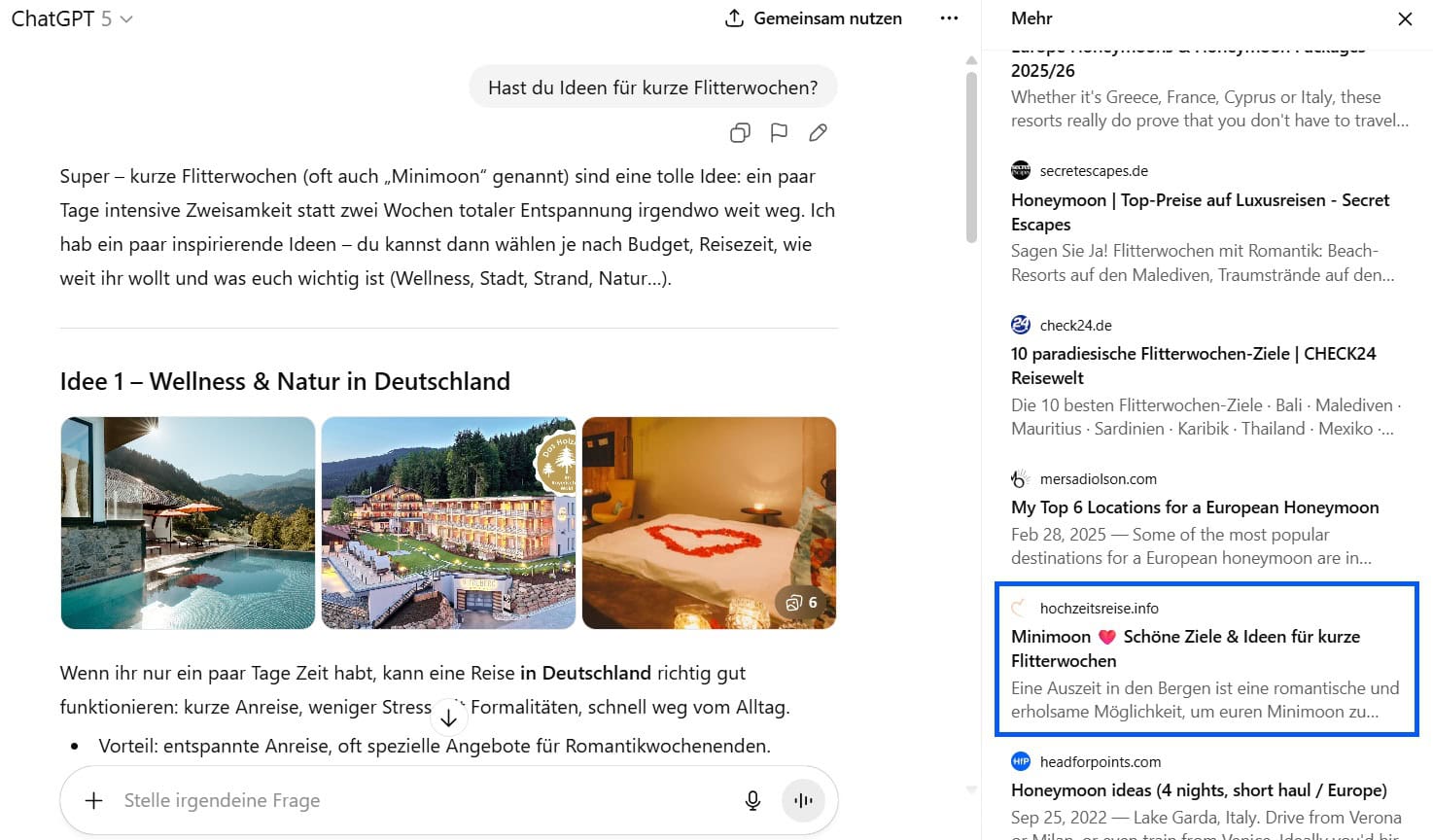 Screenshot einer ChatGPT-Antwort mit der Frage „Hast du Ideen für kurze Flitterwochen?“. Gezeigt werden inspirierende Bildkacheln zu europäischen Honeymoon-Destinationen sowie eine Liste empfohlener Reiselinks von Ferienkalender.de, Escapio und hochzeitsreise.info.