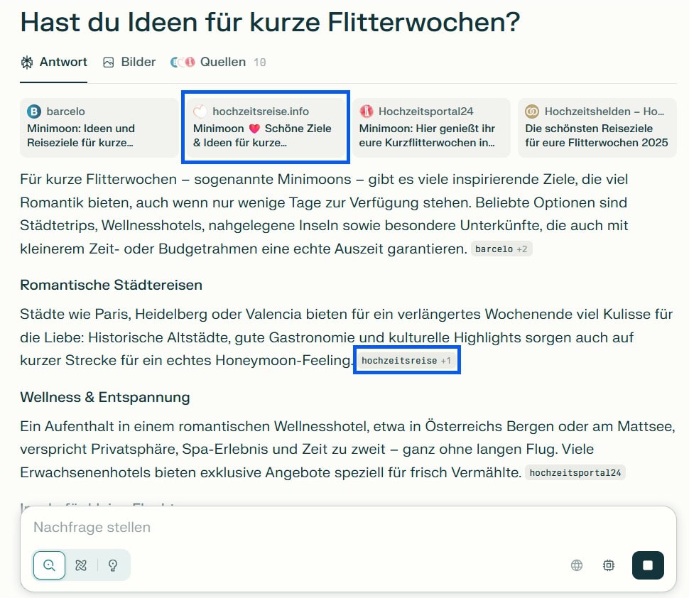 Screenshot einer KI-Antwortseite mit dem Titel „Hast du Ideen für kurze Flitterwochen?“. Der Text erklärt das Konzept des „Minimoons“ und nennt Ideen wie Wellnessurlaub, Städtereise, Strandurlaub und Roadtrip. Quellen sind barcelo, Ferienkalender und hochzeitsreise.info.