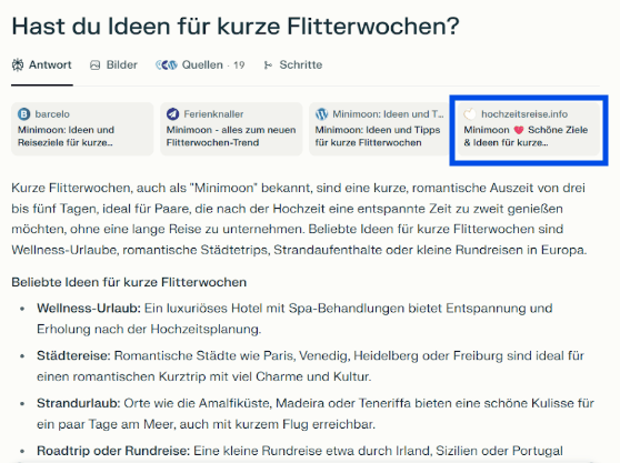 Screenshot aus ChatGPT mit Hochzeitsreise.info als Quelle