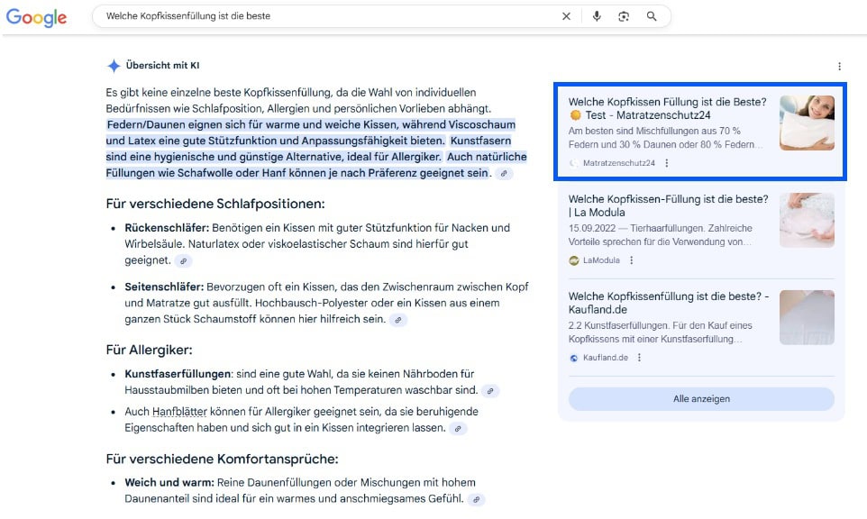 Screenshot einer Google-KI-Antwort zur Frage „Welche Kopfkissenfüllung ist die beste?“. Die Übersicht vergleicht Materialien wie Daunen, Viscoschaum, Latex, Kunstfasern und Naturfüllungen wie Hanf oder Schafwolle. Rechts erscheinen verlinkte Tests von Matratzenschutz24, LaModula und Kaufland.