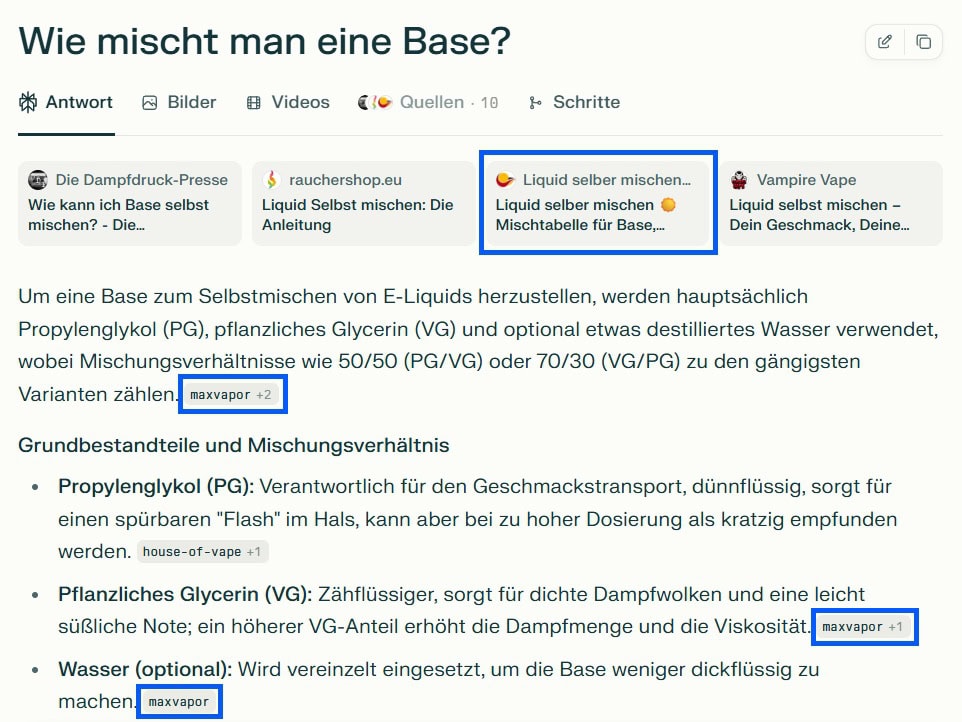 Screenshot einer KI-Antwort auf die Frage „Wie mischt man eine Base?“. Der Beitrag erklärt die Herstellung von E-Liquid-Basen mit Propylenglykol (PG), Glycerin (VG) und Wasser, inklusive Mischungsverhältnissen (50/50 oder 70/30). Quellenhinweise zeigen MaxVapor, Rauchershop.eu und Vampire Vape.