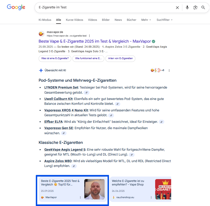 Google AI Overview zur Suche „E-Zigarette im Test“ mit Produktübersicht und sichtbarem Beitrag von MaxVapor als Quelle unterhalb der Ergebnisse
