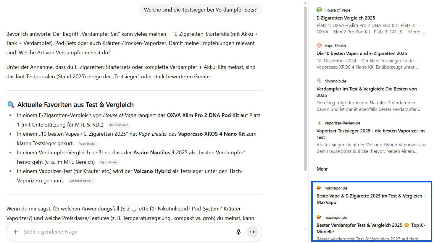 Screenshot einer KI-Antwort auf die Frage „Welche sind die Testsieger bei Verdampfer Sets?“. Die Seite zeigt eine strukturierte Liste mit Empfehlungen für Geräte wie OXVA Xlim Pro 2 DNA Pod Kit, Vaporesso XROS 4 Nano Kit und Aspire Nautilus 3. Auf der rechten Seite werden Quellen wie House of Vape, Mysmolo und MaxVapor angezeigt.