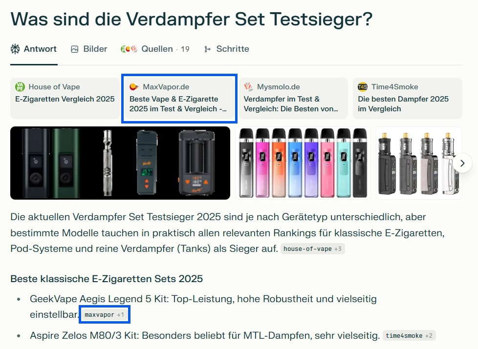 Screenshot einer KI-Antwortseite mit der Überschrift „Was sind die Verdampfer Set Testsieger?“. Dargestellt sind Produktfotos verschiedener E-Zigaretten-Modelle und eine Übersicht über Testsieger 2025, darunter GeekVape Aegis Legend 5 Kit und Aspire Zelos M80/3 Kit. Quellen stammen von House of Vape, MaxVapor und Time4Smoke.