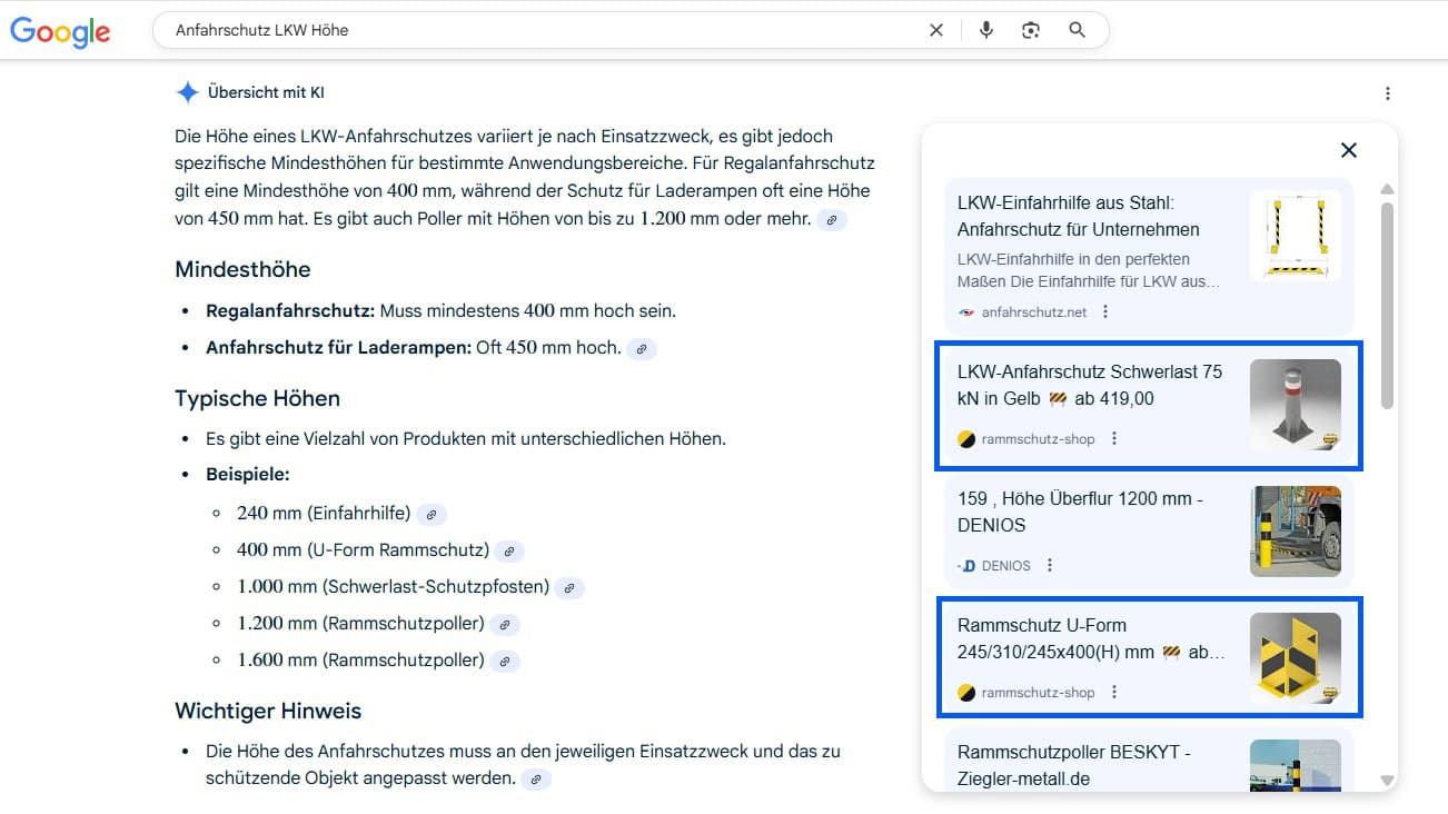 Screenshot einer Google-KI-Antwort zur Suche „Anfahrschutz LKW Höhe“. Der Text erklärt die empfohlenen Mindesthöhen für Regal- und Rampenanfahrtschutz (400–450 mm) sowie typische Produktmaße bis 1.600 mm. Rechts sind Beispiele und Anbieter wie anfahrschutz.net, DENIOS und rammschutz-shop.de aufgeführt.