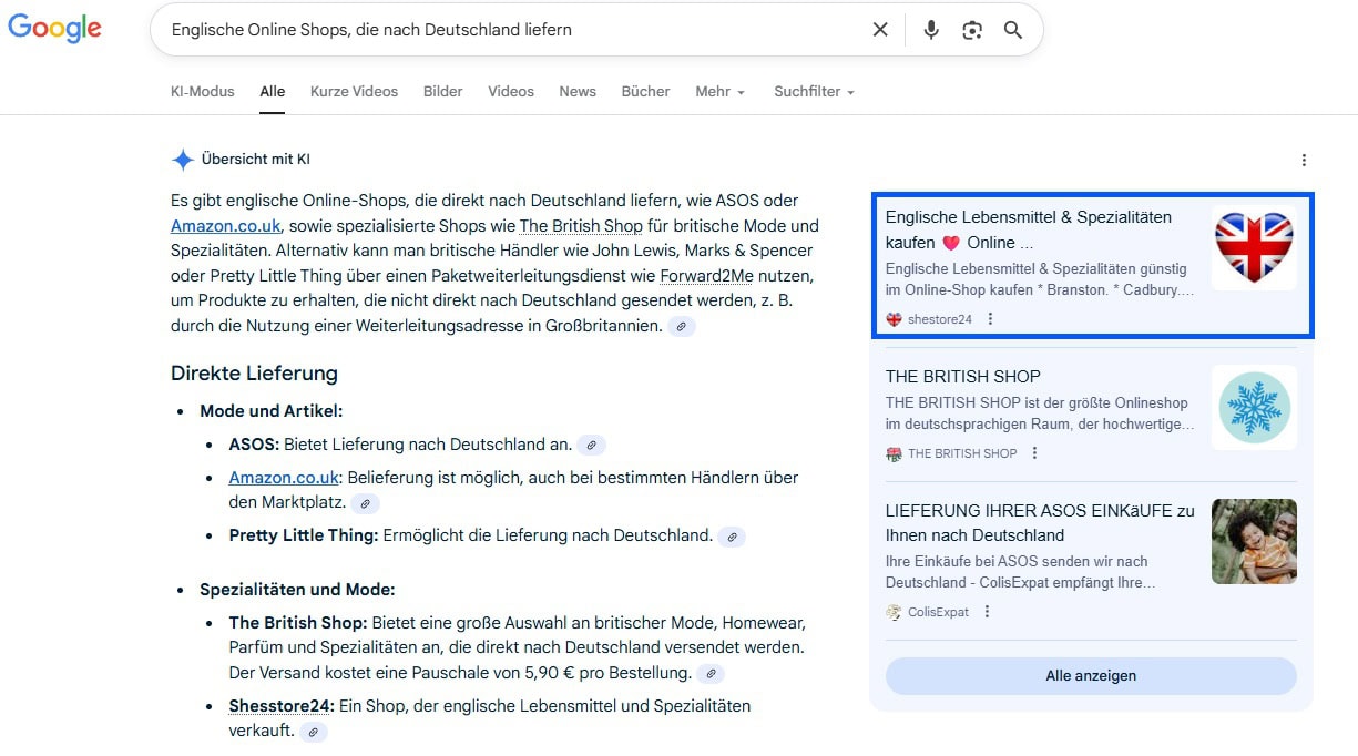 Screenshot einer Google-KI-Antwort zur Suche „Englische Online Shops, die nach Deutschland liefern“. Die Übersicht nennt Anbieter wie ASOS, Amazon.co.uk, Pretty Little Thing, The British Shop und Shestore24. Rechts sind Shop-Ergebnisse mit Logos und Produktbildern eingeblendet.