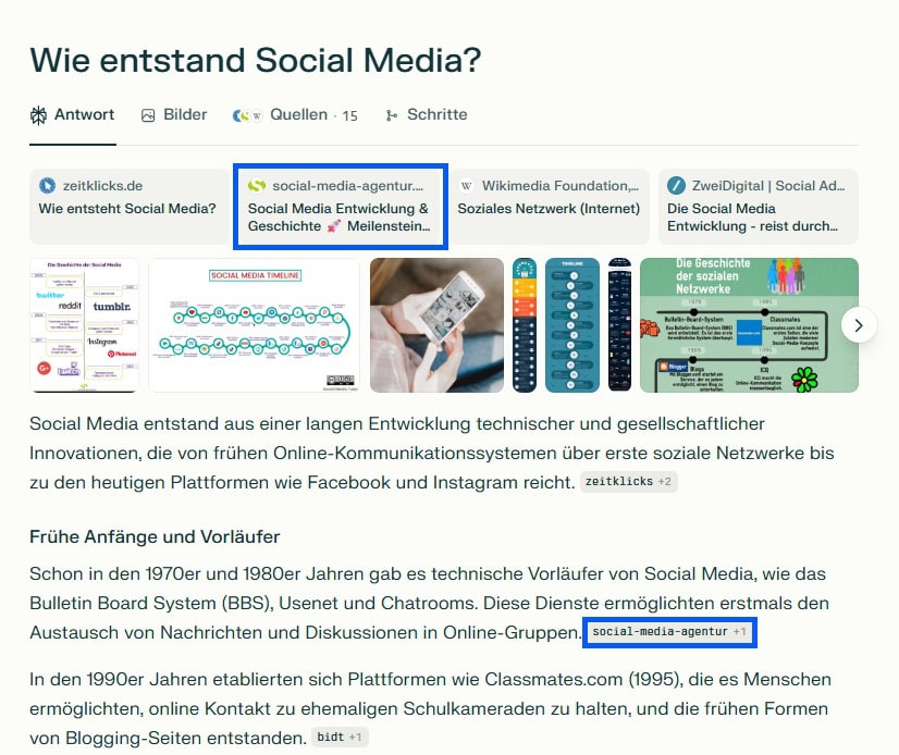 Screenshot einer KI-Antwort mit der Überschrift „Wie entstand Social Media?“. Der Text beschreibt die Entstehung sozialer Netzwerke von den 1970er Jahren bis zu heutigen Plattformen wie Facebook und Instagram. Quellen sind Social-Media-Agentur.net, Zeitklicks und Wikimedia.