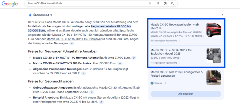 Google AI Overview zur Suche „Mazda CX-30 Automatik Preis“ mit Preisübersicht und hervorgehobener Quelle von Neuwagen-kaufen.info im rechten Bereich