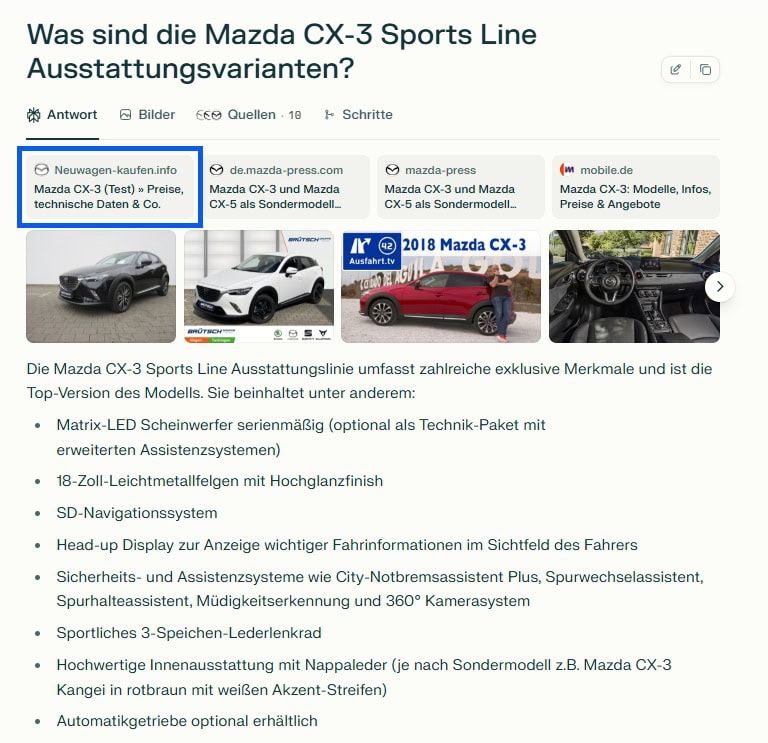 Screenshot einer KI-Antwortseite zum Thema „Mazda CX-3 Sports Line Ausstattungsvarianten“. Die Darstellung enthält Fahrzeugbilder und beschreibt Features wie Matrix-LED-Scheinwerfer, 18-Zoll-Leichtmetallfelgen, Head-up-Display und Lederausstattung. Quellen sind Mazda Press, mobile.de und Neuwagen-kaufen.info.